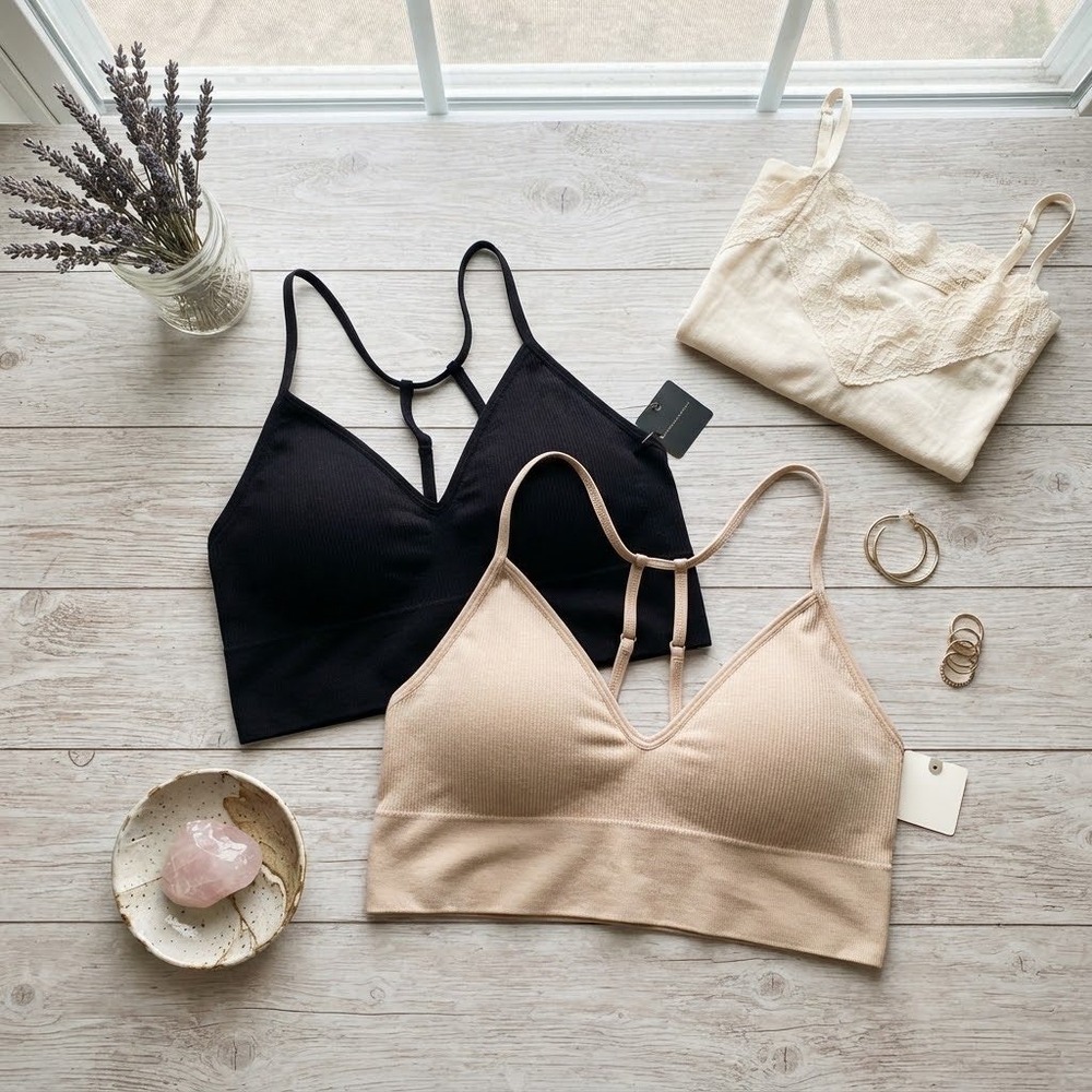 Anthropologie Seamless Ribbed Bralette Set 2 Pack Black Beige Strappy Back S/M